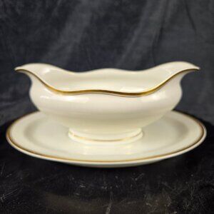 Haviland Limoges Gravy Boat with Underplate Attached Cream w/ Gold Accents Vtg